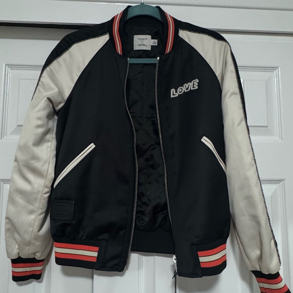 Black and White Bomber Jacket with Love Patch COACH